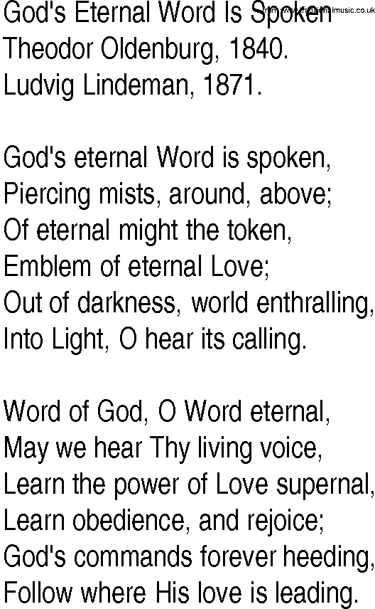 Hymn and Gospel Song: God's Eternal Word Is Spoken by Theodor Oldenburg lyrics