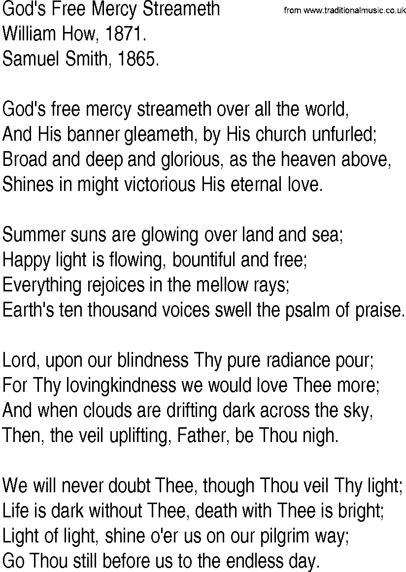 Hymn and Gospel Song: God's Free Mercy Streameth by William How lyrics