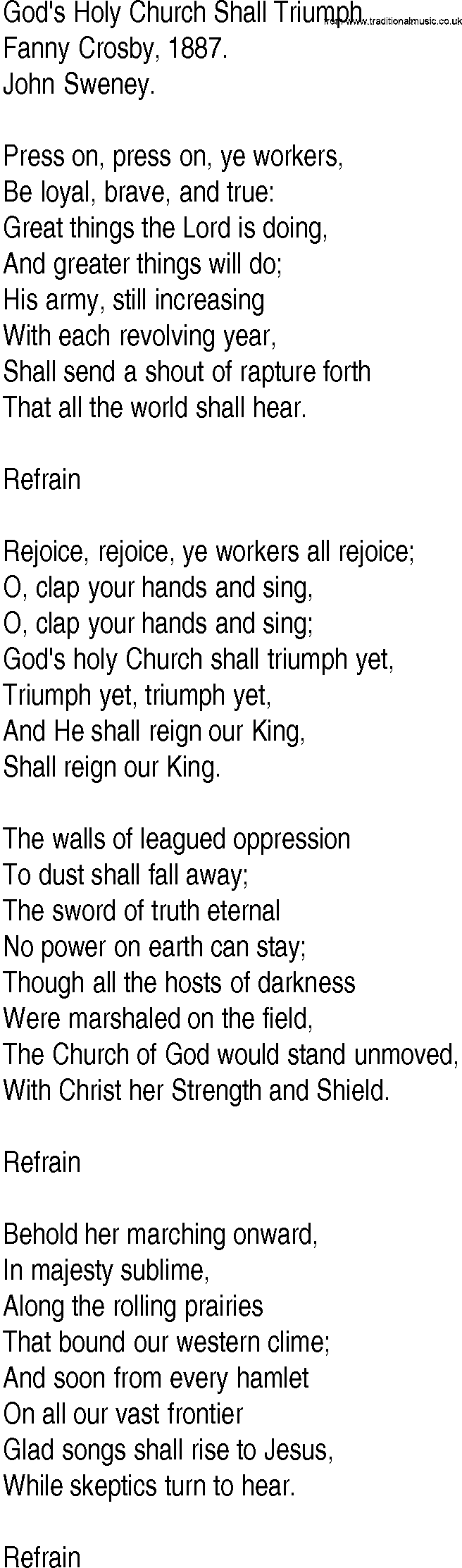 Hymn and Gospel Song: God's Holy Church Shall Triumph by Fanny Crosby lyrics