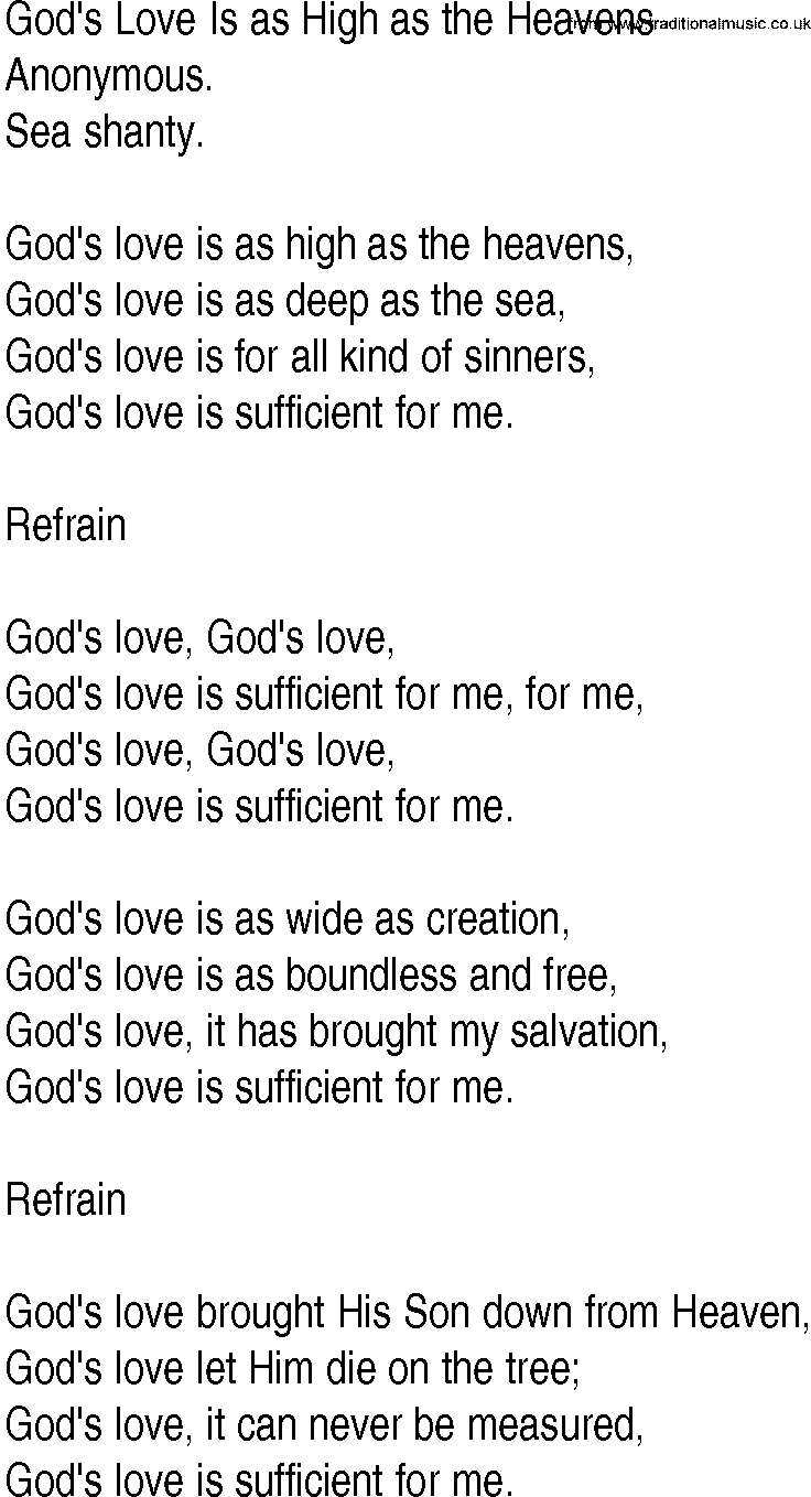 Hymn and Gospel Song: God's Love Is as High as the Heavens by Anonymous lyrics