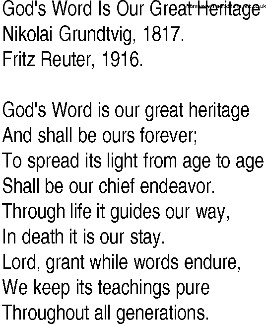Hymn and Gospel Song: God's Word Is Our Great Heritage by Nikolai Grundtvig lyrics