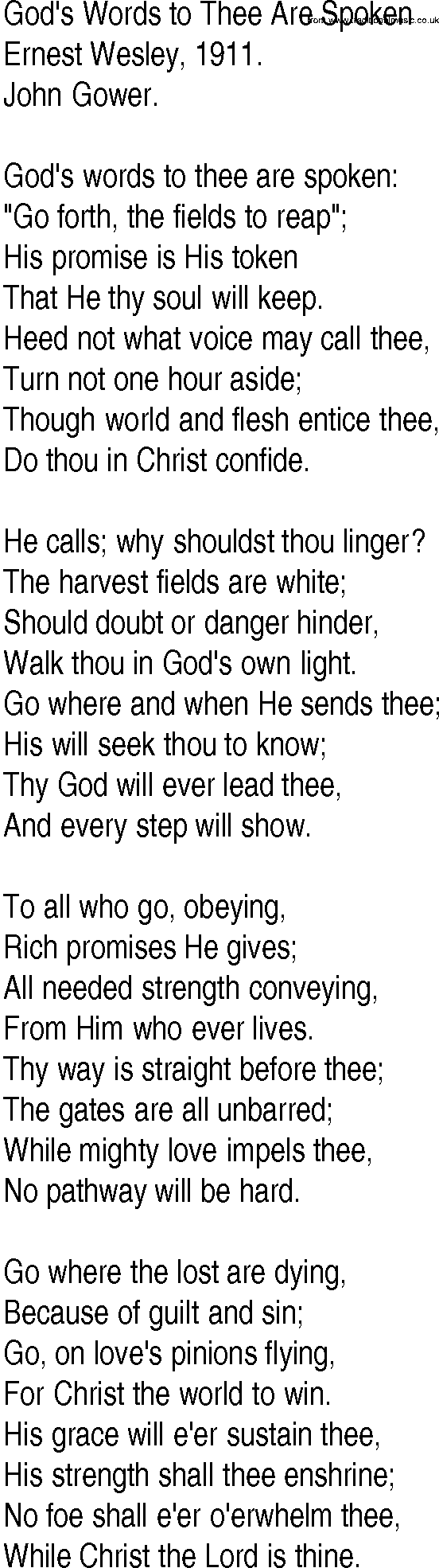 Hymn and Gospel Song: God's Words to Thee Are Spoken by Ernest Wesley lyrics