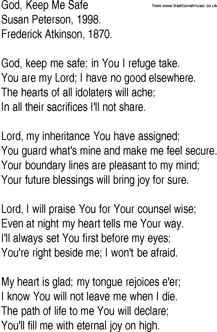 Hymn and Gospel Song: God, Keep Me Safe by Susan Peterson lyrics