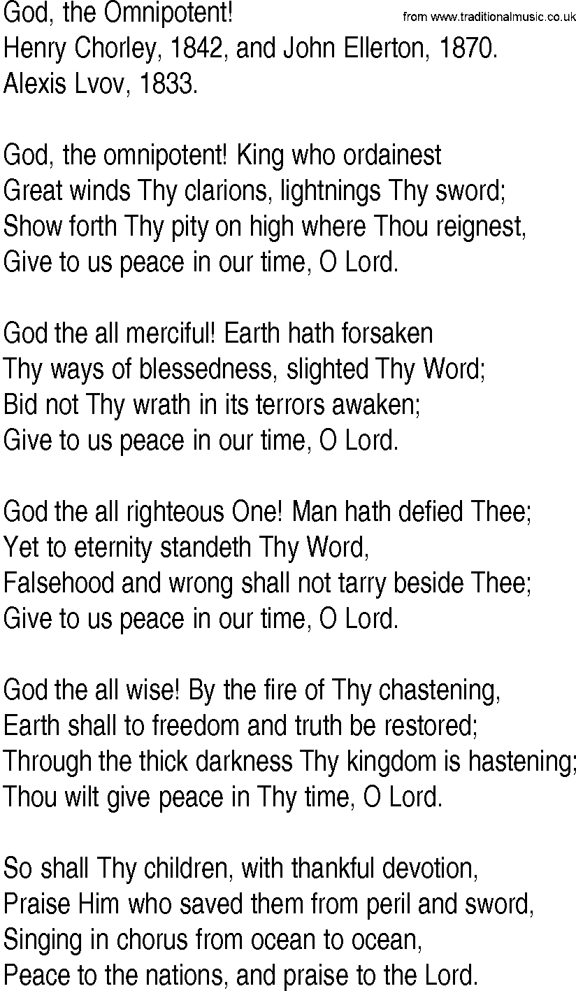 Hymn and Gospel Song: God, the Omnipotent! by Henry Chorley  and John Ellerton lyrics