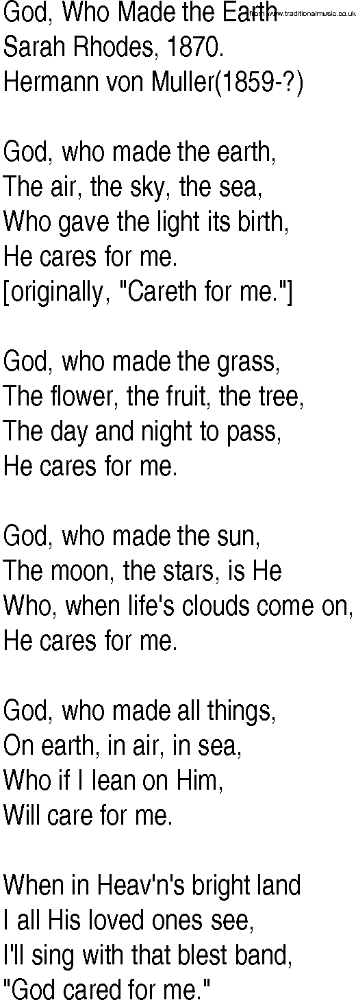 Hymn and Gospel Song: God, Who Made the Earth by Sarah Rhodes lyrics