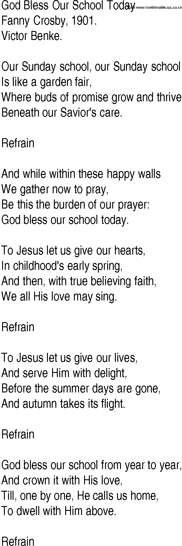 Hymn and Gospel Song: God Bless Our School Today by Fanny Crosby lyrics