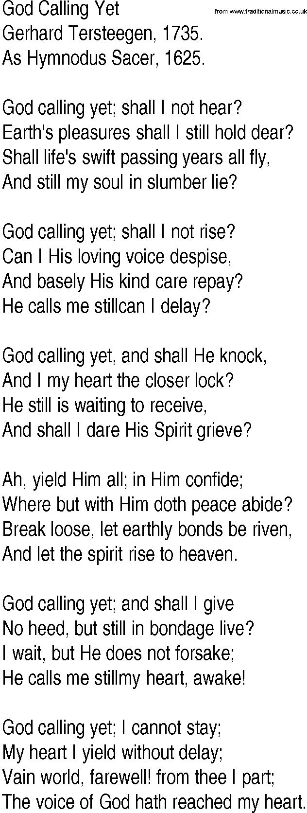 Hymn and Gospel Song: God Calling Yet by Gerhard Tersteegen lyrics