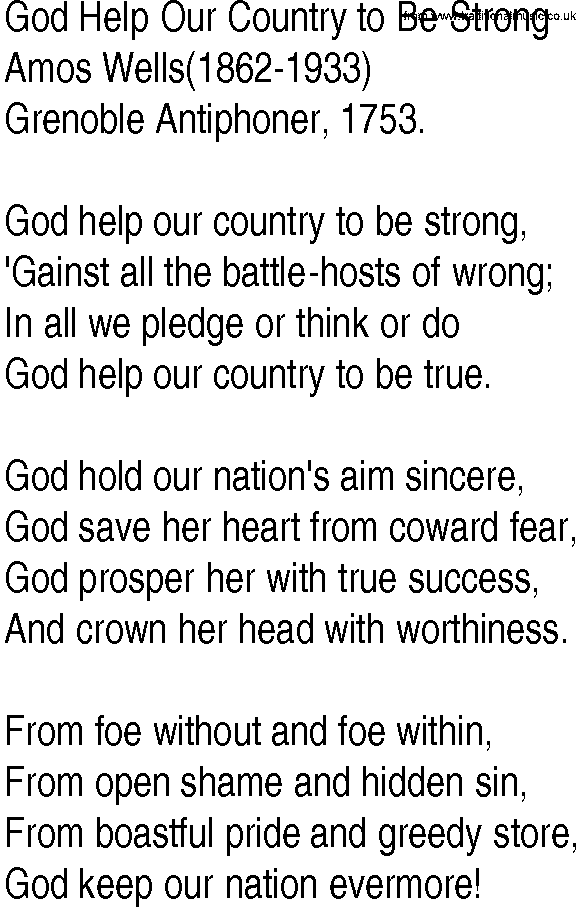 Hymn and Gospel Song: God Help Our Country to Be Strong by Amos Wells lyrics