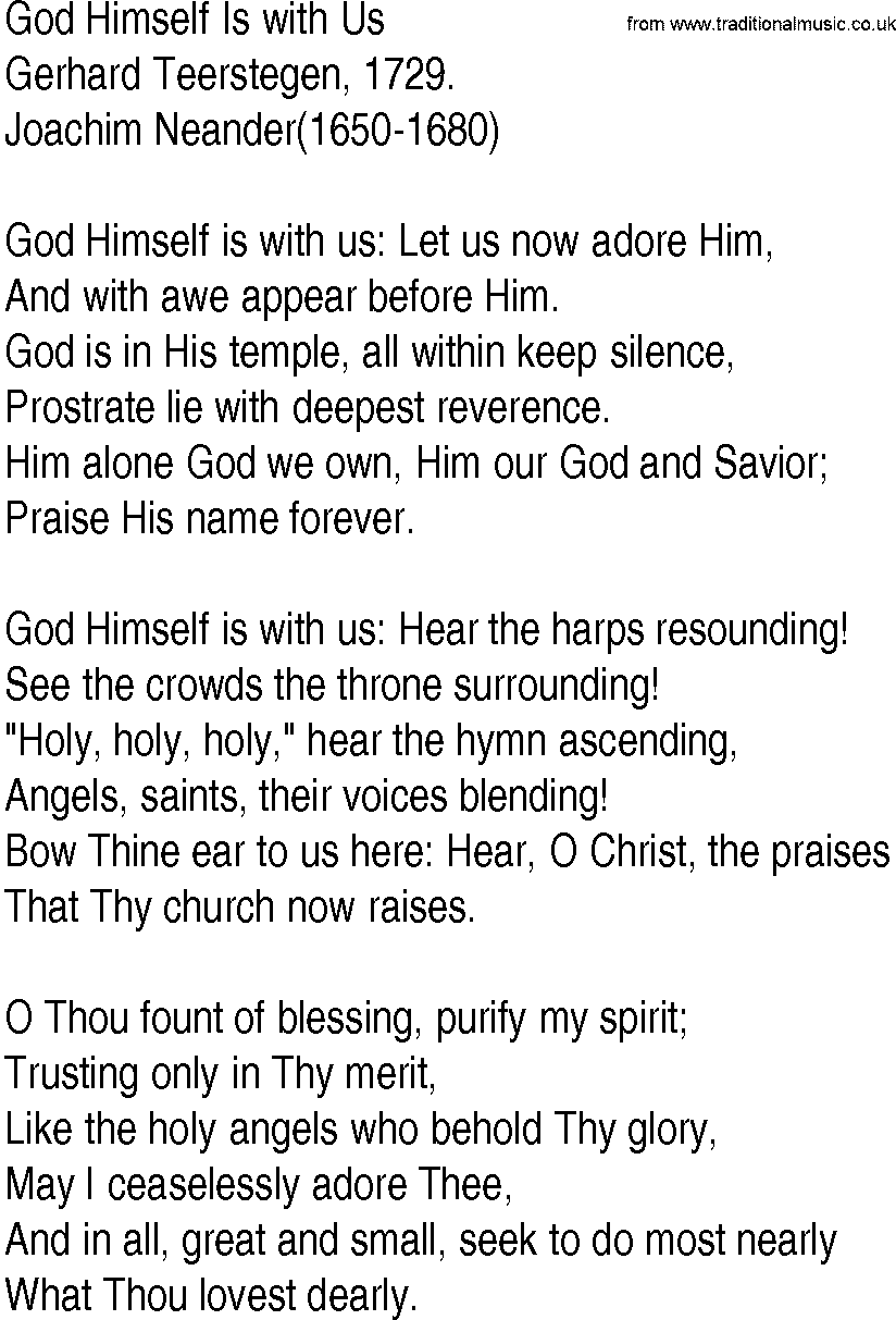 Hymn and Gospel Song: God Himself Is with Us by Gerhard Teerstegen lyrics
