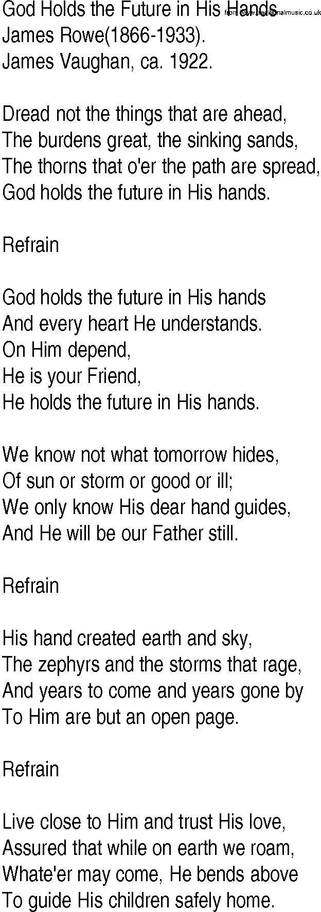 Hymn and Gospel Song: God Holds the Future in His Hands by James Rowe lyrics
