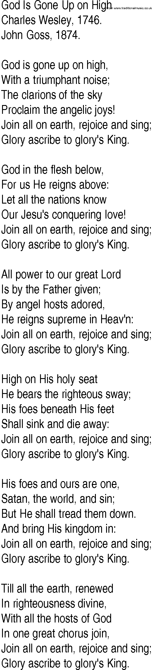Hymn and Gospel Song: God Is Gone Up on High by Charles Wesley lyrics
