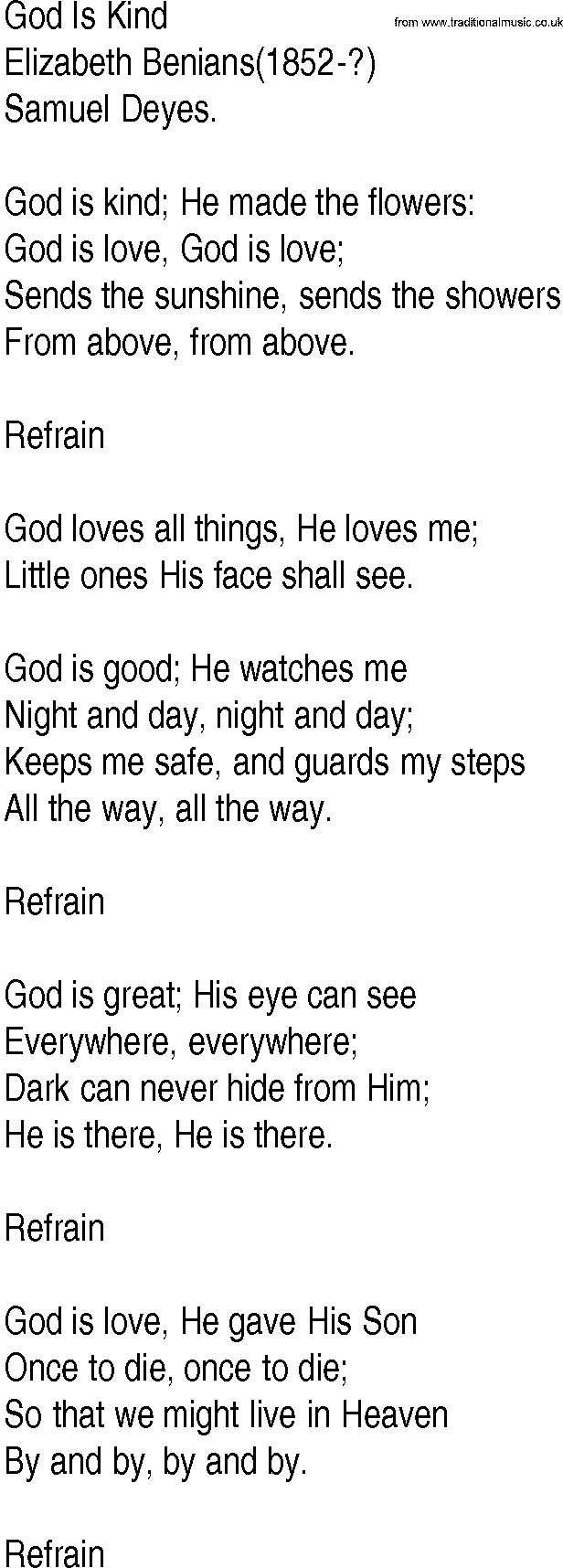 Hymn and Gospel Song: God Is Kind by Elizabeth Benians lyrics