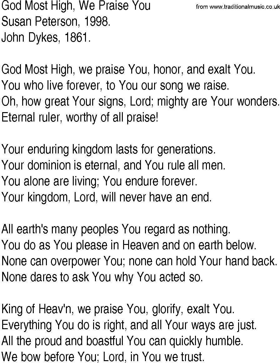 Hymn and Gospel Song: God Most High, We Praise You by Susan Peterson lyrics