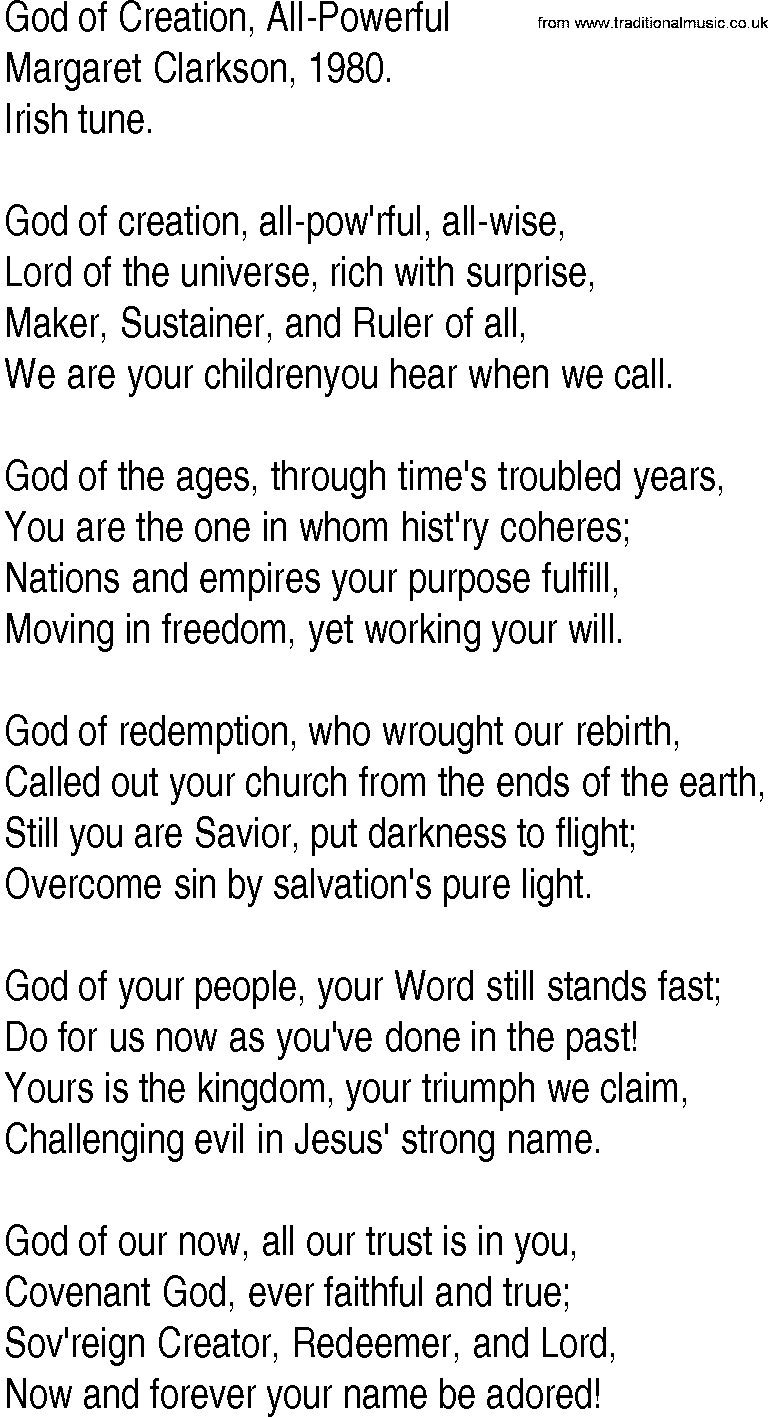 Hymn and Gospel Song: God of Creation, All-Powerful by Margaret Clarkson lyrics