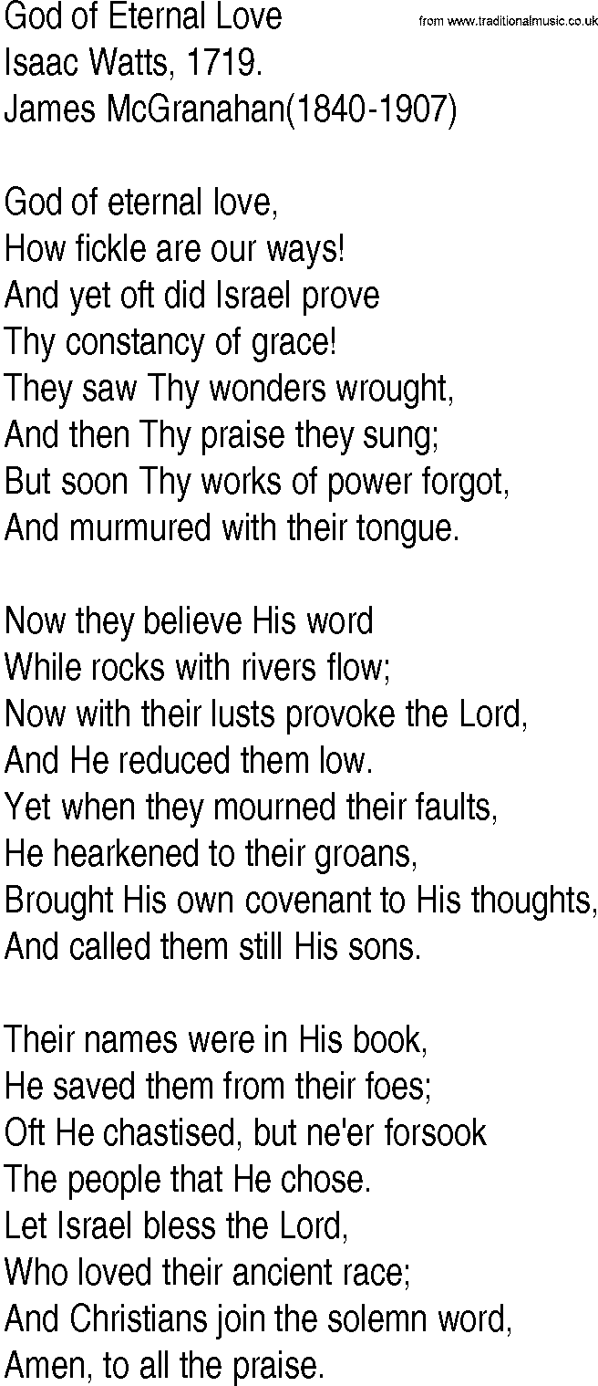 Hymn and Gospel Song: God of Eternal Love by Isaac Watts lyrics
