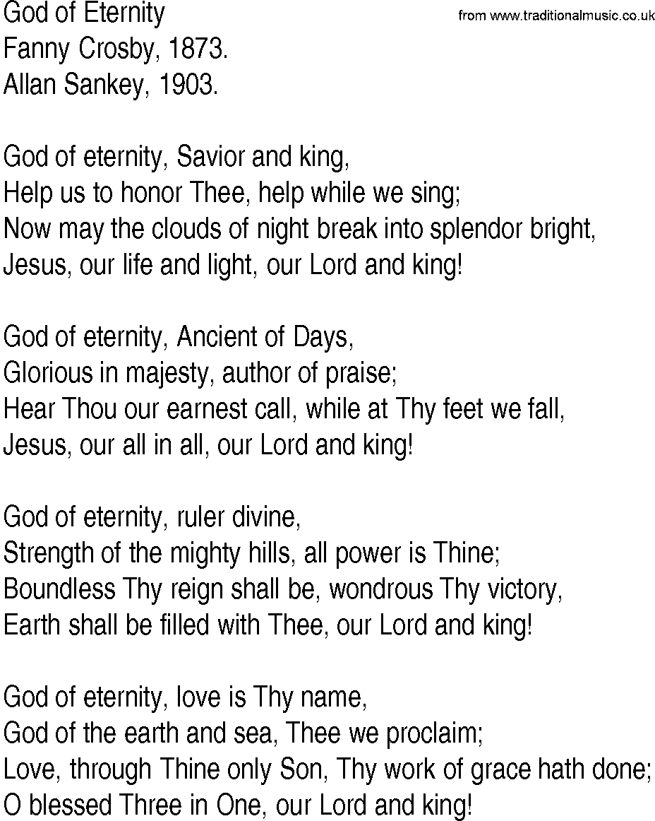 Hymn and Gospel Song: God of Eternity by Fanny Crosby lyrics