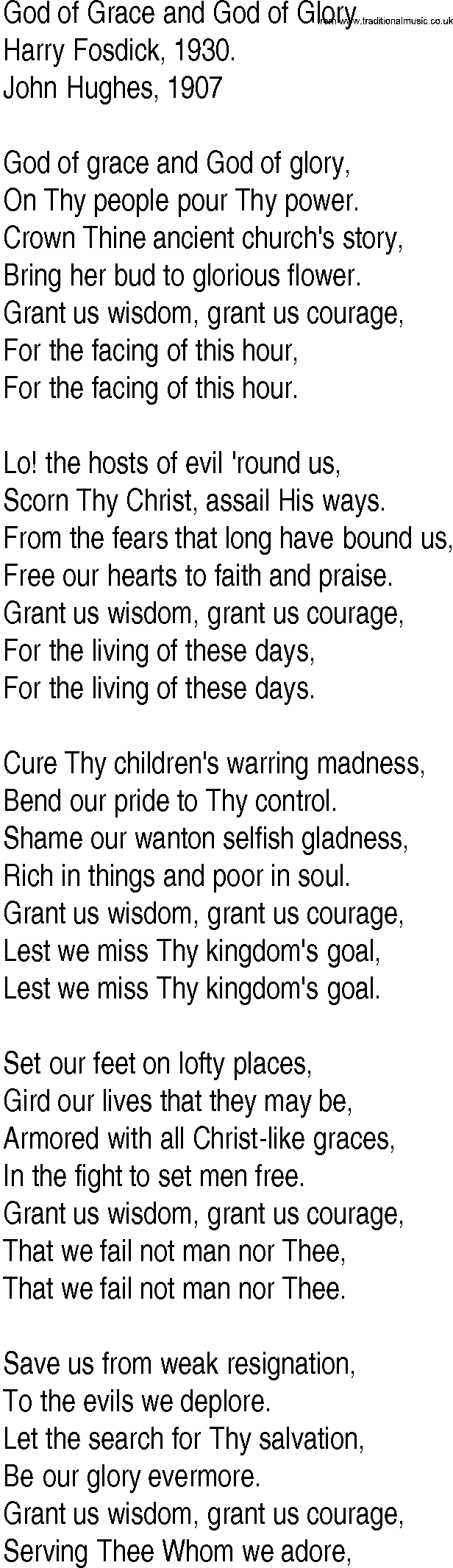 Hymn and Gospel Song: God of Grace and God of Glory by Harry Fosdick lyrics