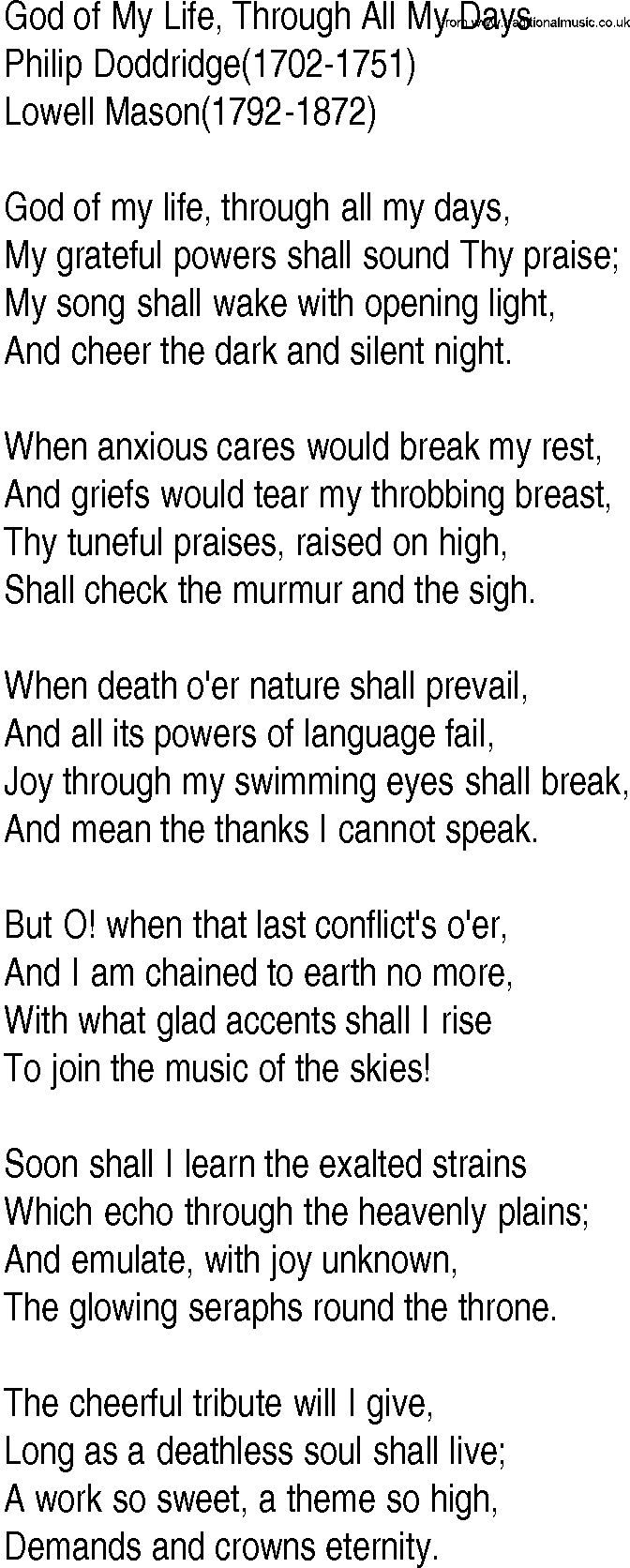 Hymn and Gospel Song: God of My Life, Through All My Days by Philip Doddridge lyrics