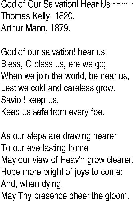 Hymn and Gospel Song: God of Our Salvation! Hear Us by Thomas Kelly lyrics