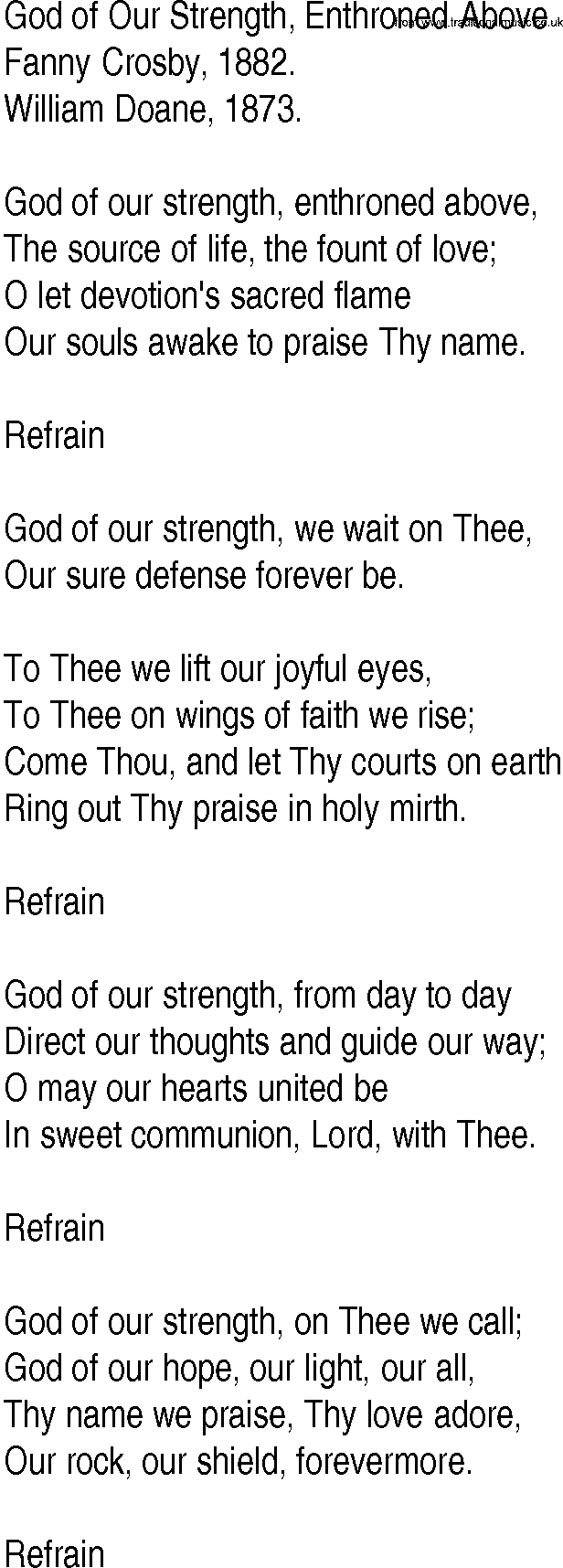 Hymn and Gospel Song: God of Our Strength, Enthroned Above by Fanny Crosby lyrics