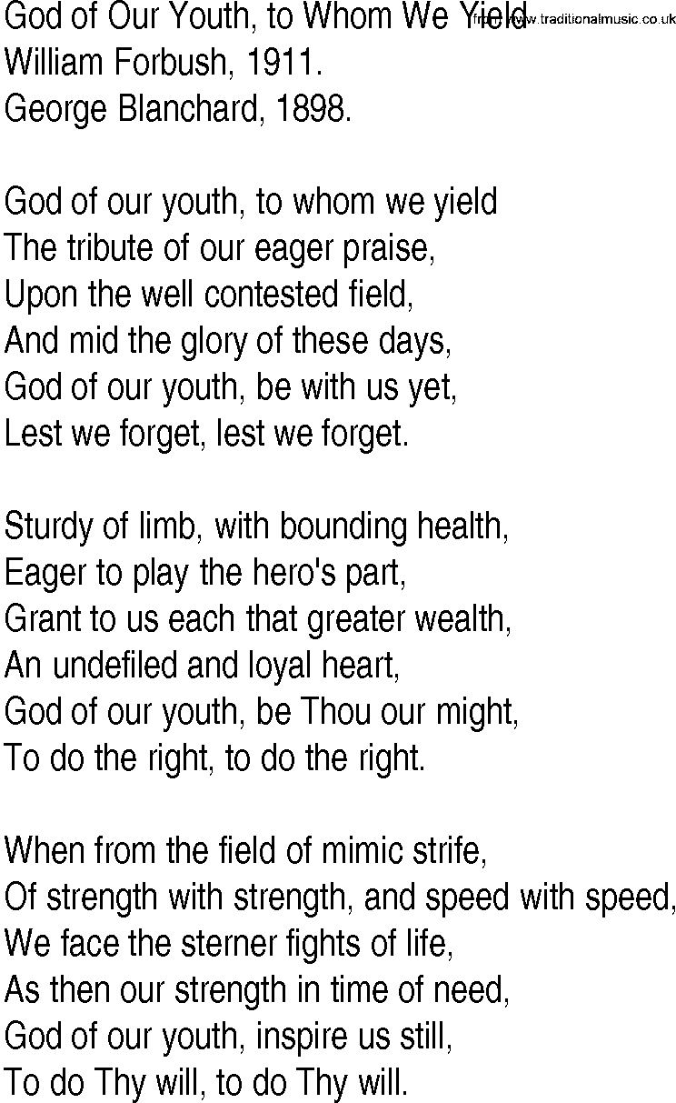 Hymn and Gospel Song: God of Our Youth, to Whom We Yield by William Forbush lyrics