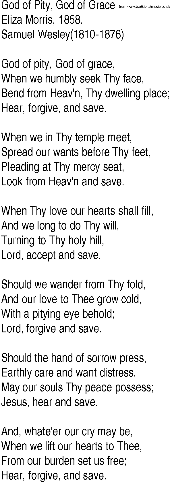 Hymn and Gospel Song: God of Pity, God of Grace by Eliza Morris lyrics