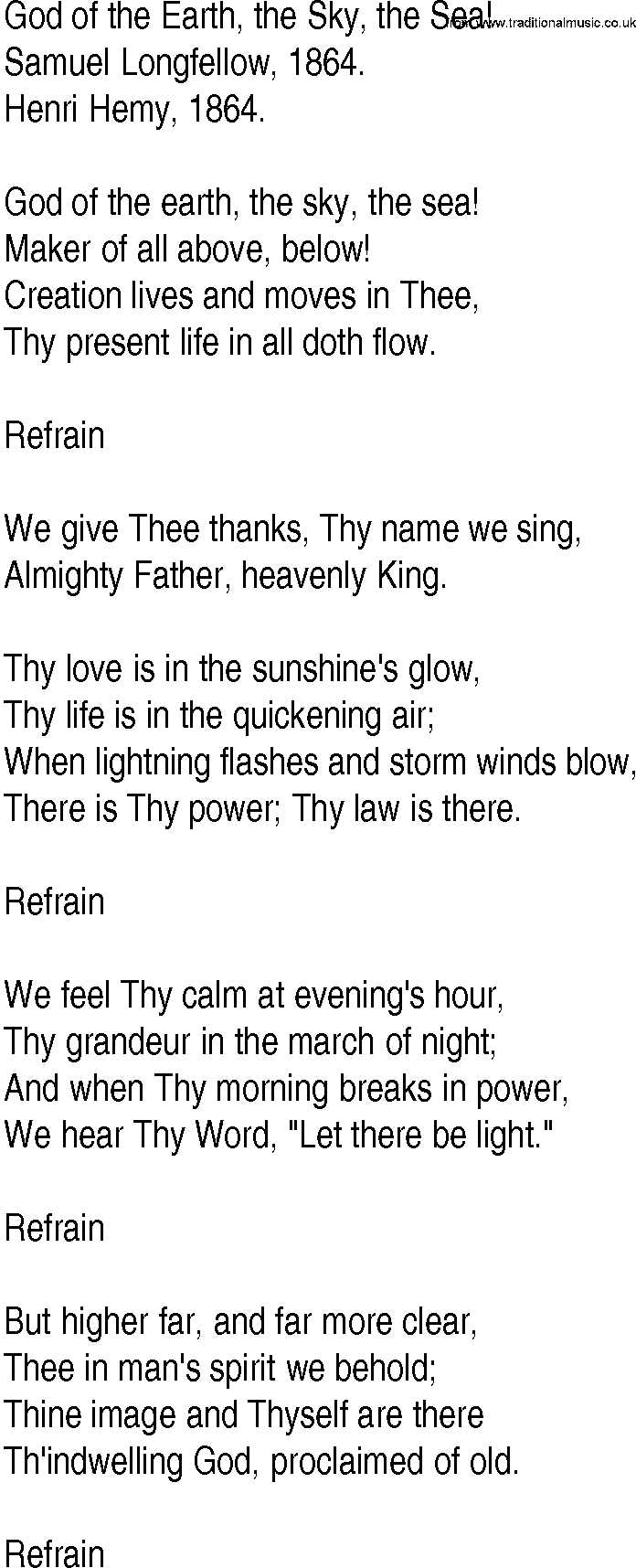 Hymn and Gospel Song: God of the Earth, the Sky, the Sea! by Samuel Longfellow lyrics