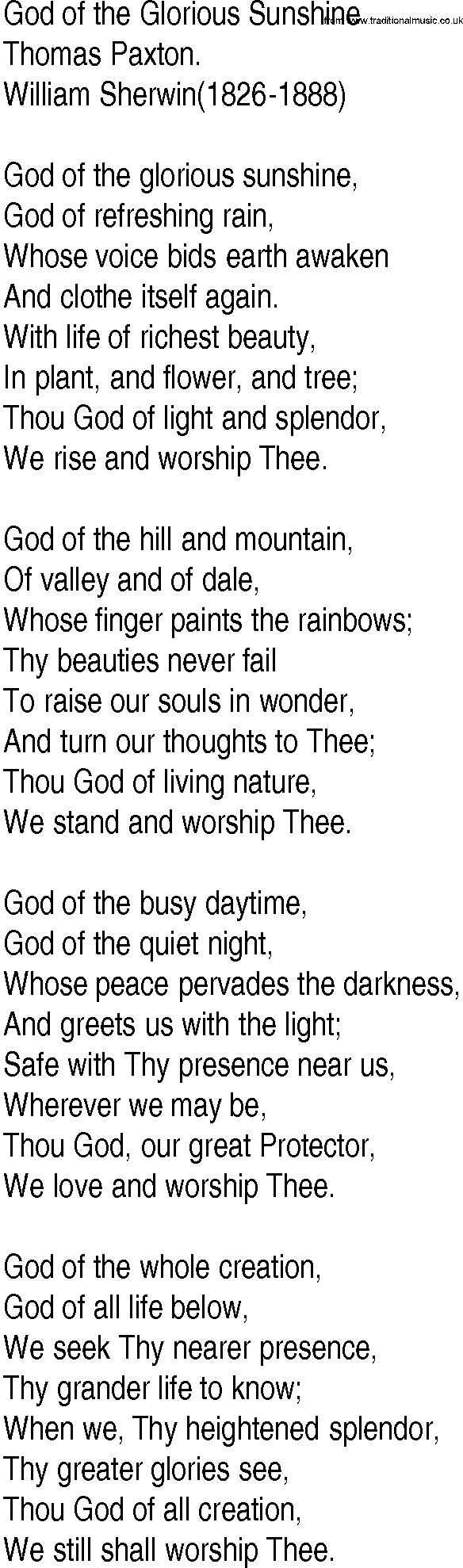 Hymn and Gospel Song: God of the Glorious Sunshine by Thomas Paxton lyrics