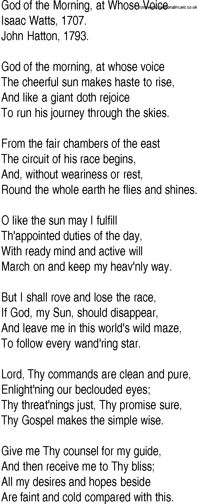 Hymn and Gospel Song: God of the Morning, at Whose Voice by Isaac Watts lyrics