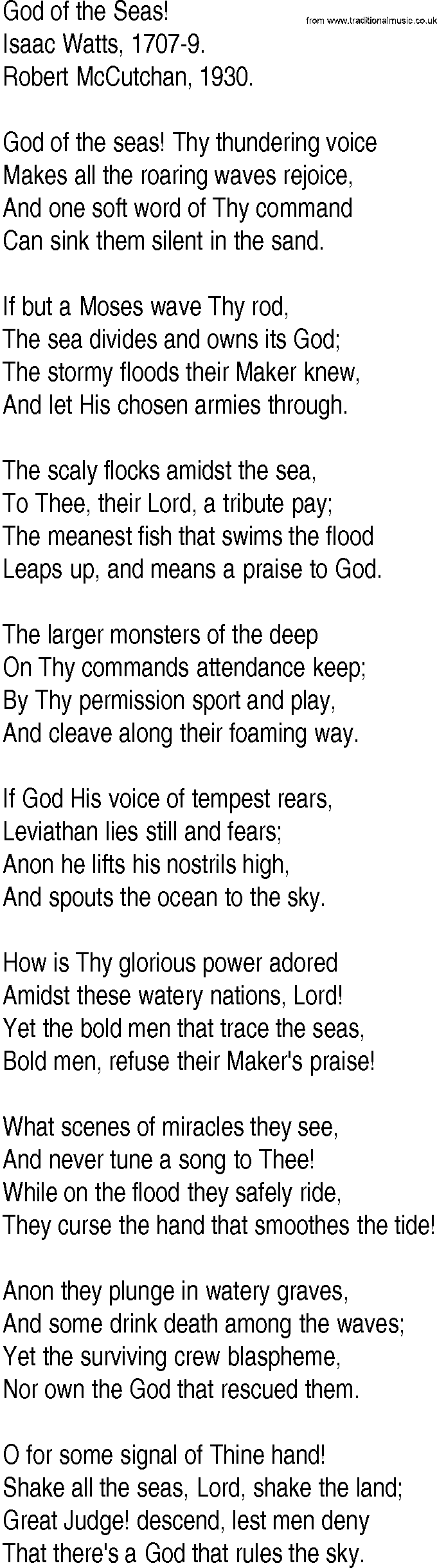 Hymn and Gospel Song: God of the Seas! by Isaac Watts lyrics