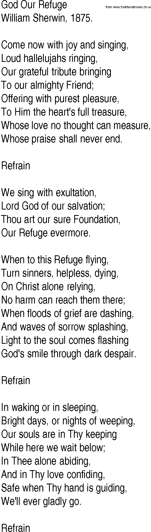 Hymn and Gospel Song: God Our Refuge by William Sherwin lyrics