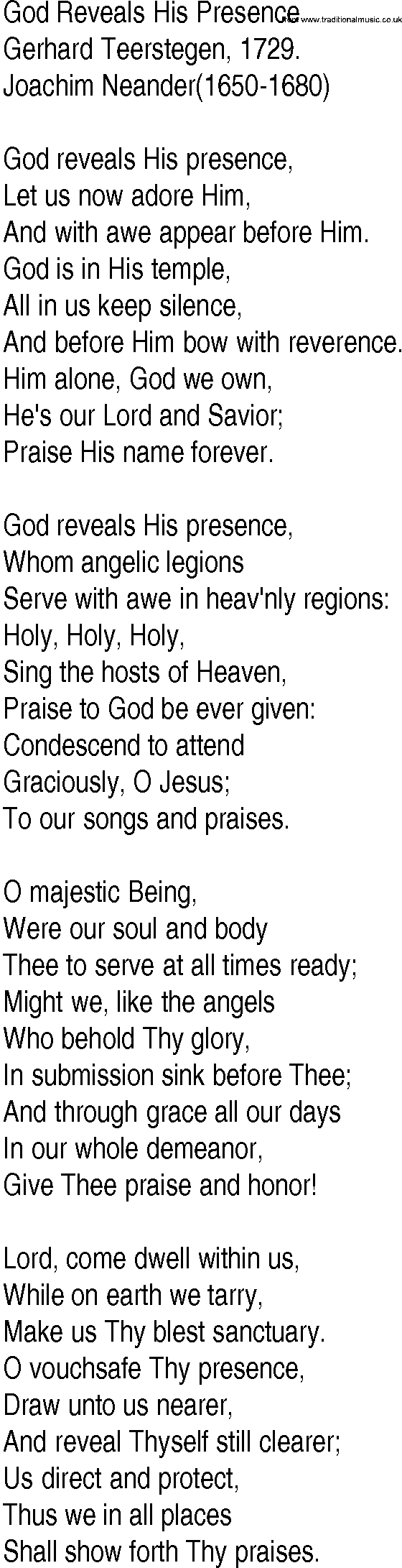 Hymn and Gospel Song: God Reveals His Presence by Gerhard Teerstegen lyrics