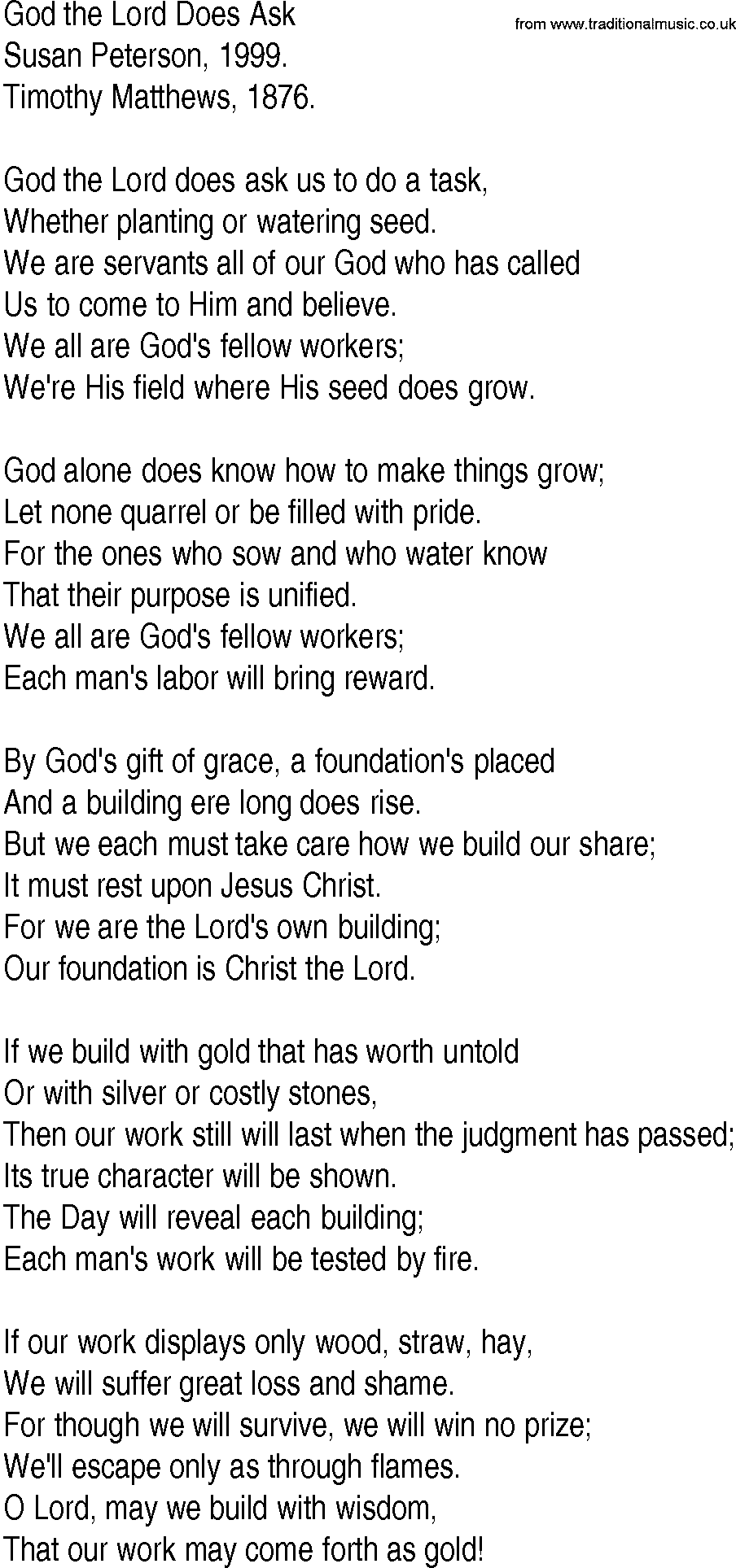 Hymn and Gospel Song: God the Lord Does Ask by Susan Peterson lyrics