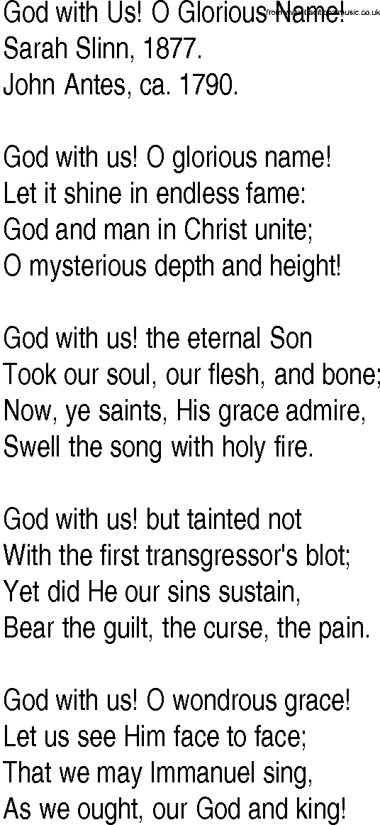 Hymn and Gospel Song: God with Us! O Glorious Name! by Sarah Slinn lyrics
