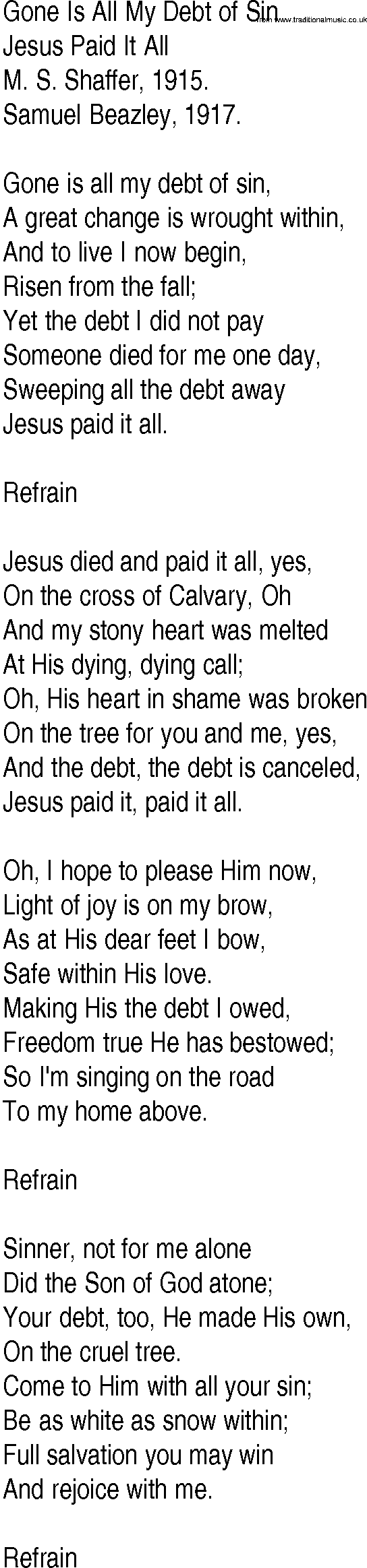 Hymn and Gospel Song: Gone Is All My Debt of Sin by M S Shaffer lyrics