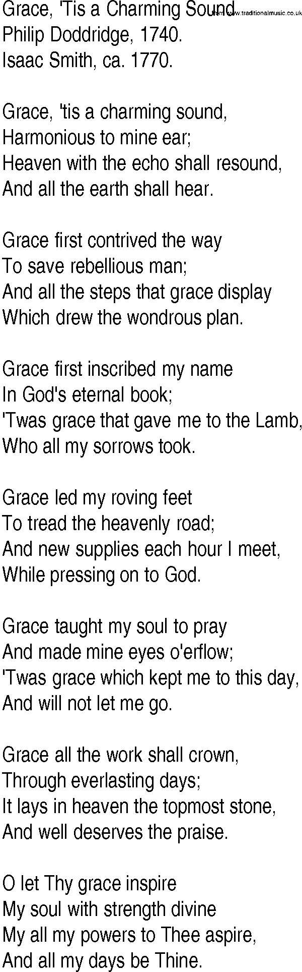 Hymn and Gospel Song: Grace, 'Tis a Charming Sound by Philip Doddridge lyrics