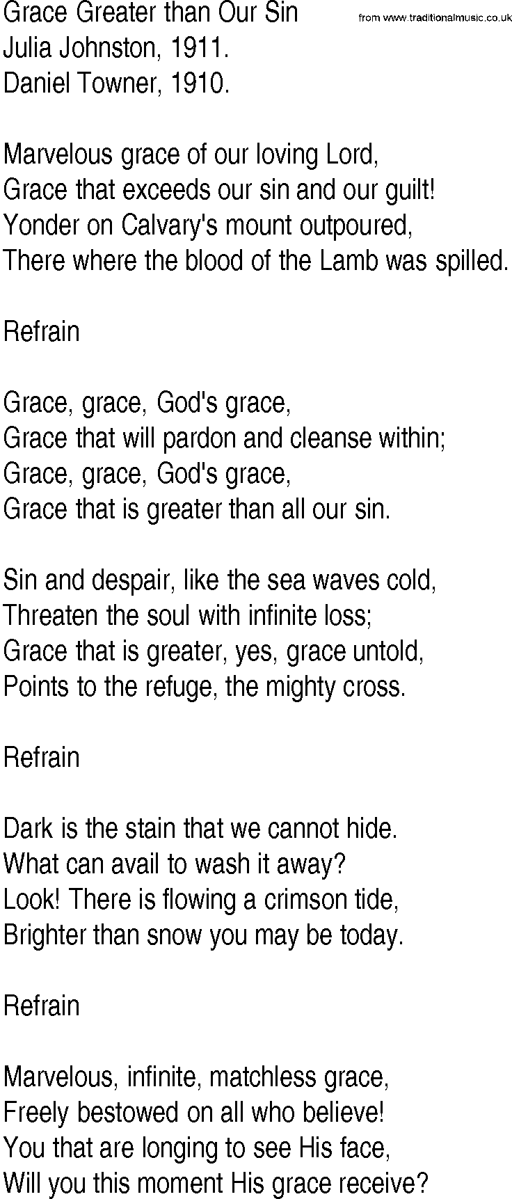 Hymn and Gospel Song: Grace Greater than Our Sin by Julia Johnston lyrics