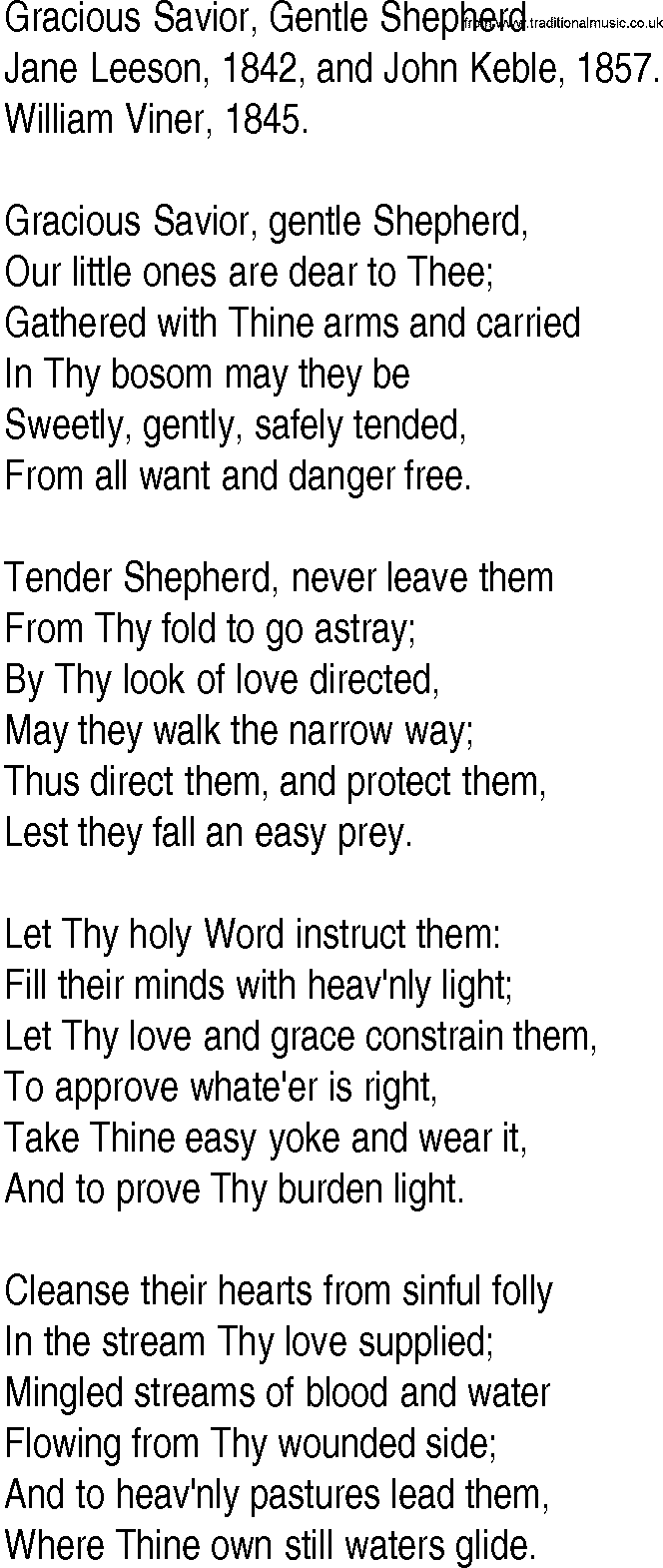 Hymn and Gospel Song: Gracious Savior, Gentle Shepherd by Jane Leeson  and John Keble lyrics