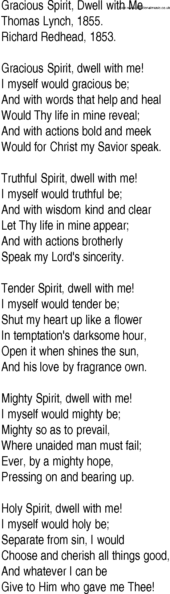 Hymn and Gospel Song: Gracious Spirit, Dwell with Me by Thomas Lynch lyrics