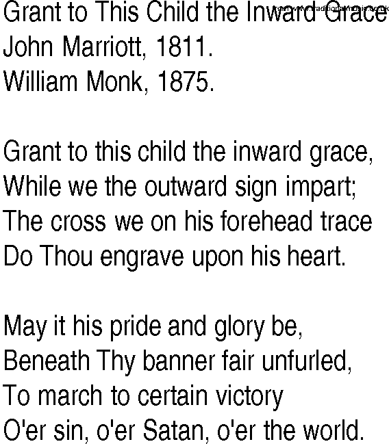 Hymn and Gospel Song: Grant to This Child the Inward Grace by John Marriott lyrics