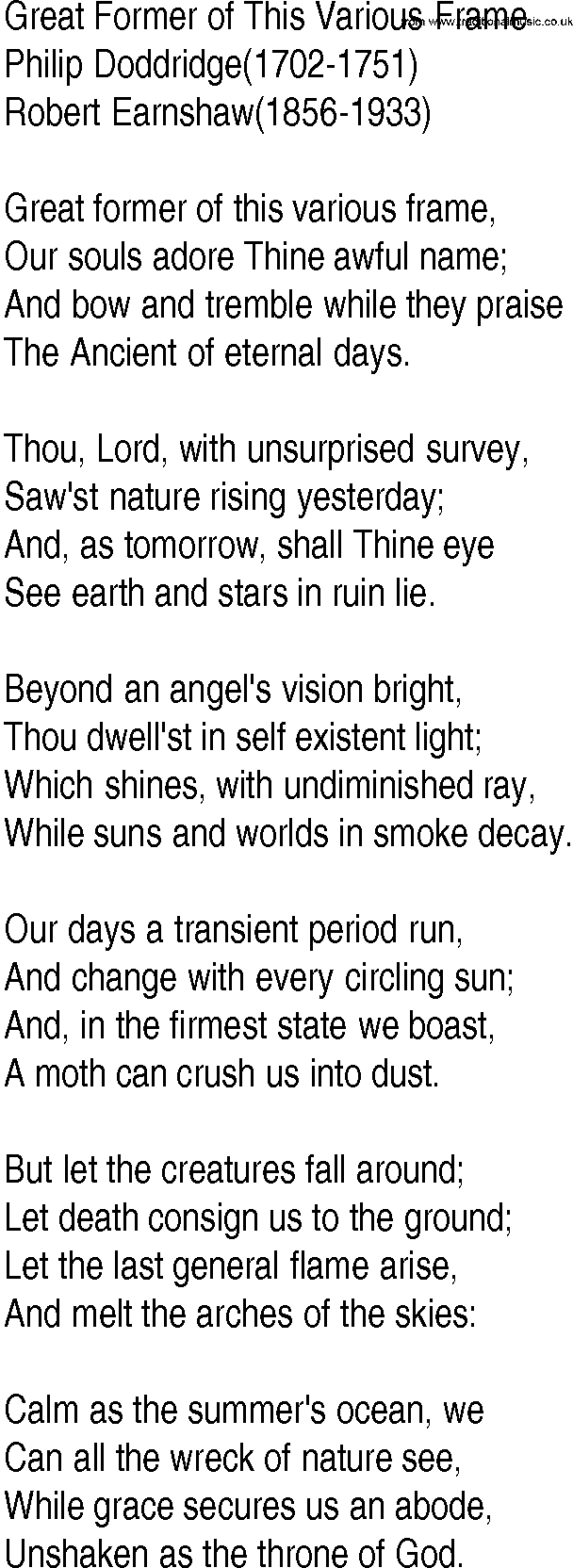 Hymn and Gospel Song: Great Former of This Various Frame by Philip Doddridge lyrics
