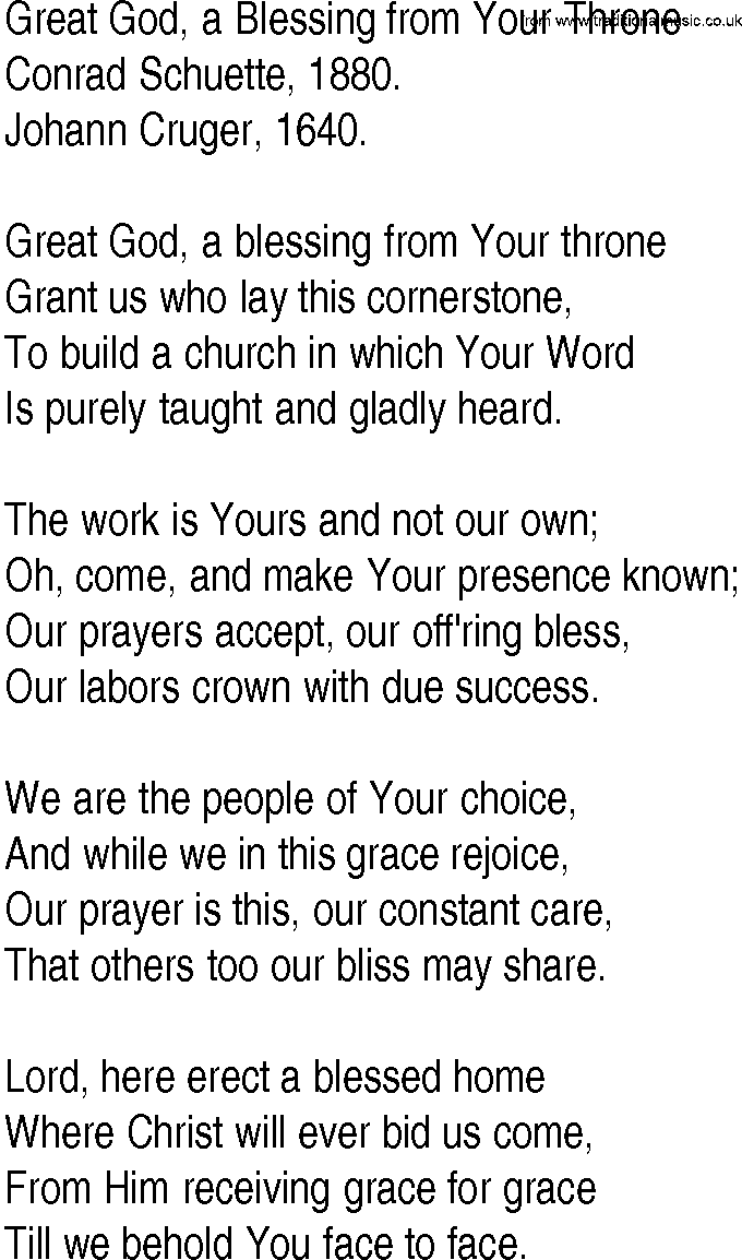 Hymn and Gospel Song: Great God, a Blessing from Your Throne by Conrad Schuette lyrics