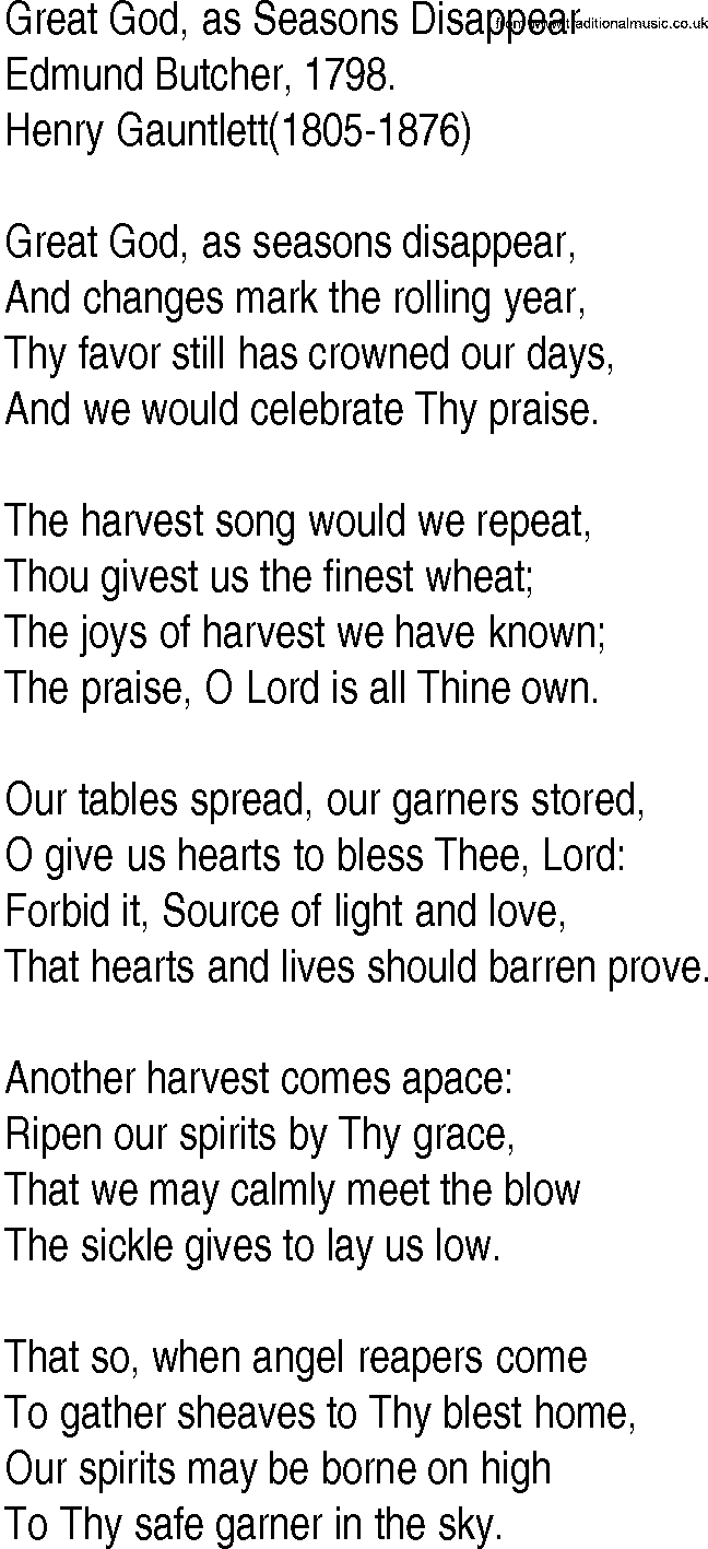 Hymn and Gospel Song: Great God, as Seasons Disappear by Edmund Butcher lyrics
