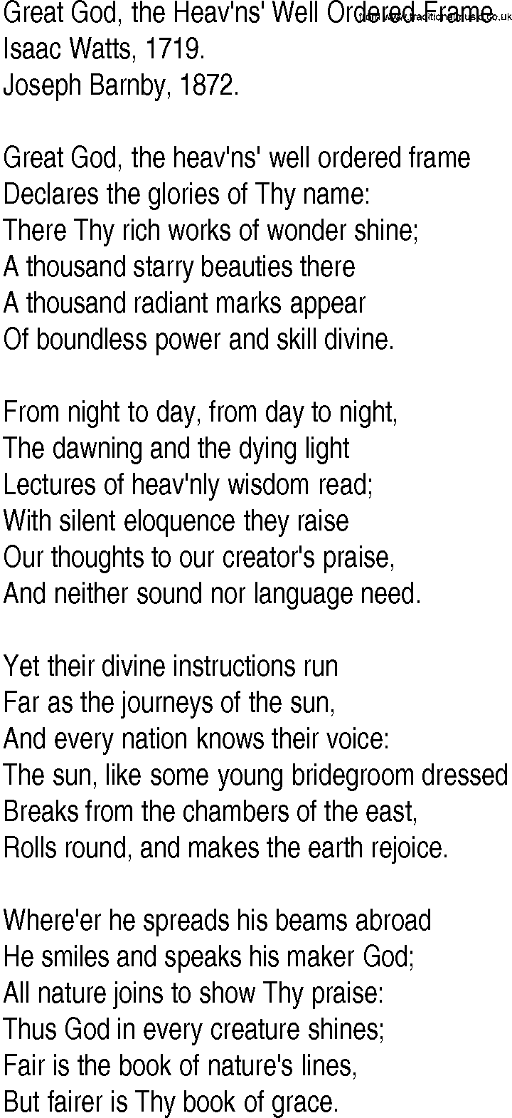 Hymn and Gospel Song: Great God, the Heav'ns' Well Ordered Frame by Isaac Watts lyrics