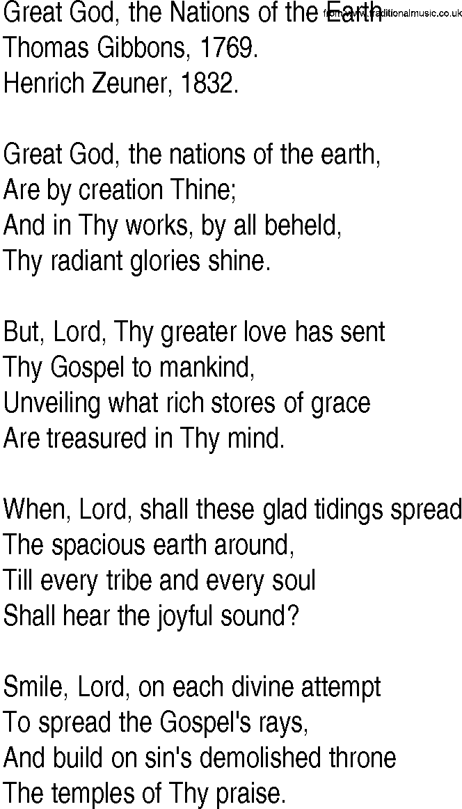 Hymn and Gospel Song: Great God, the Nations of the Earth by Thomas Gibbons lyrics