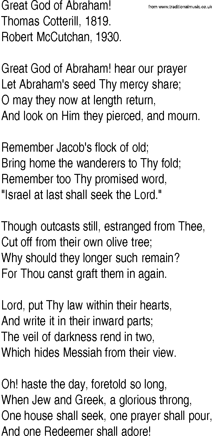 Hymn and Gospel Song: Great God of Abraham! by Thomas Cotterill lyrics