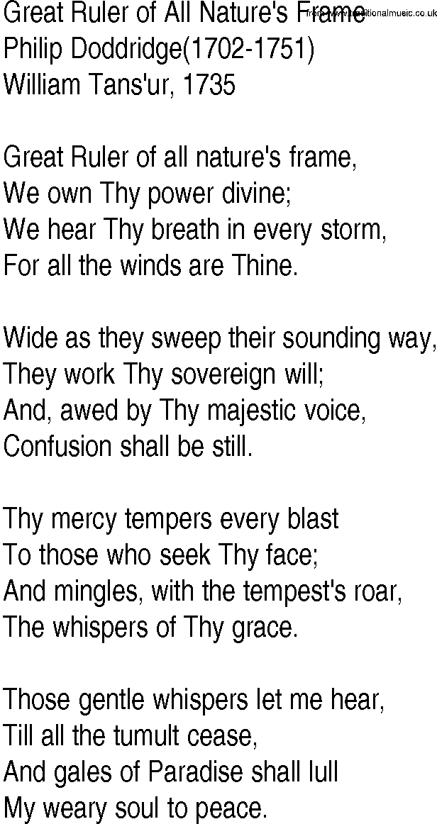 Hymn and Gospel Song: Great Ruler of All Nature's Frame by Philip Doddridge lyrics
