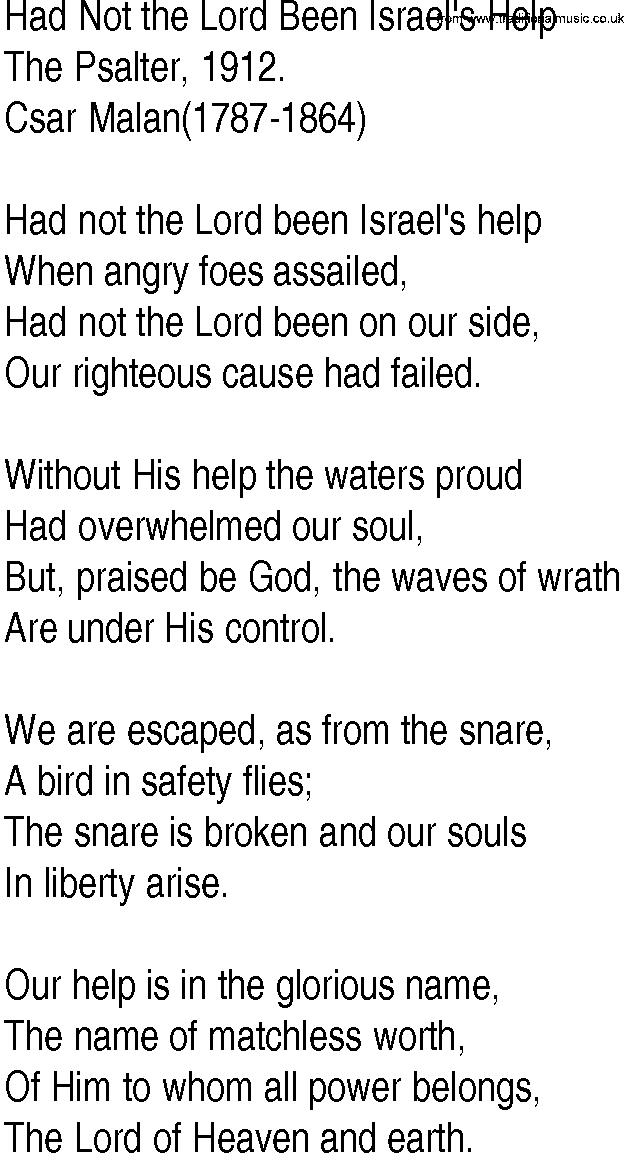 Hymn and Gospel Song: Had Not the Lord Been Israel's Help by The Psalter lyrics