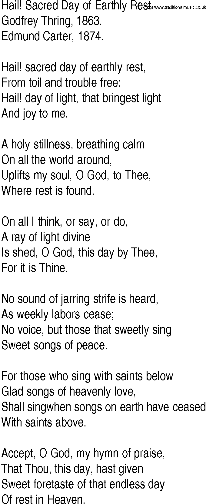 Hymn and Gospel Song: Hail! Sacred Day of Earthly Rest by Godfrey Thring lyrics