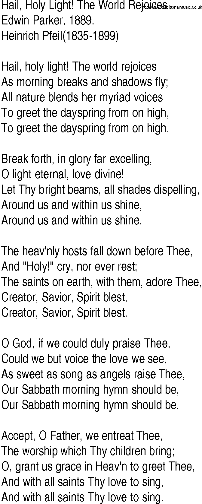 Hymn and Gospel Song: Hail, Holy Light! The World Rejoices by Edwin Parker lyrics